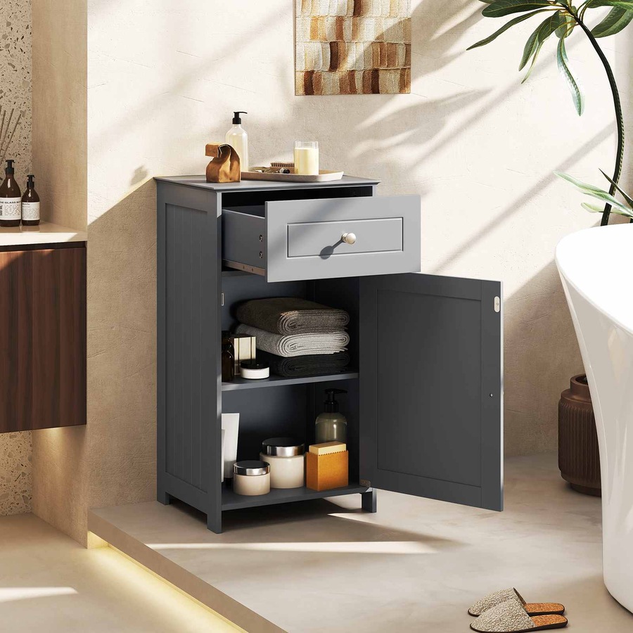 Costway Bathroom Floor Cabinet Modern Sideboard w/Adjustable Shelf Anti-tip Kit Drawer 2 Compartment Storage Organizer