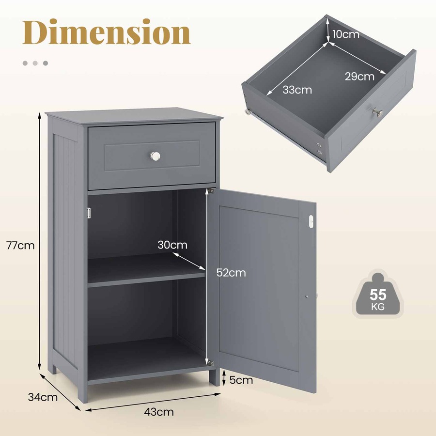 Costway Bathroom Floor Cabinet Modern Sideboard w/Adjustable Shelf Anti-tip Kit Drawer 2 Compartment Storage Organizer