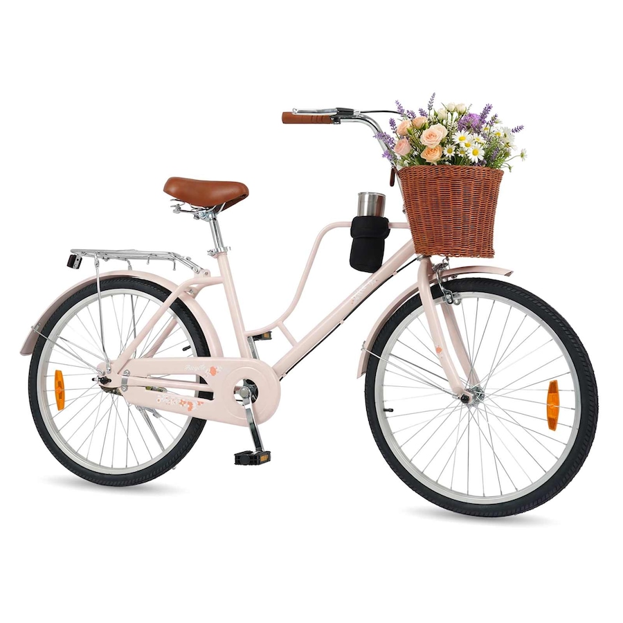 Costway Beach Cruiser Bike 60cm Adjustable Commuter Bicycle w/Basket Rear Rack Cup Holder Reflectors Kickstand Adult