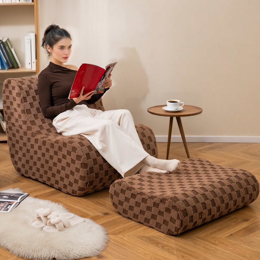 Costway Bean Bag Chair w/Ottoman & Washable Cover Lazy Sofa Lounger Seat Living Room Bedroom Brown