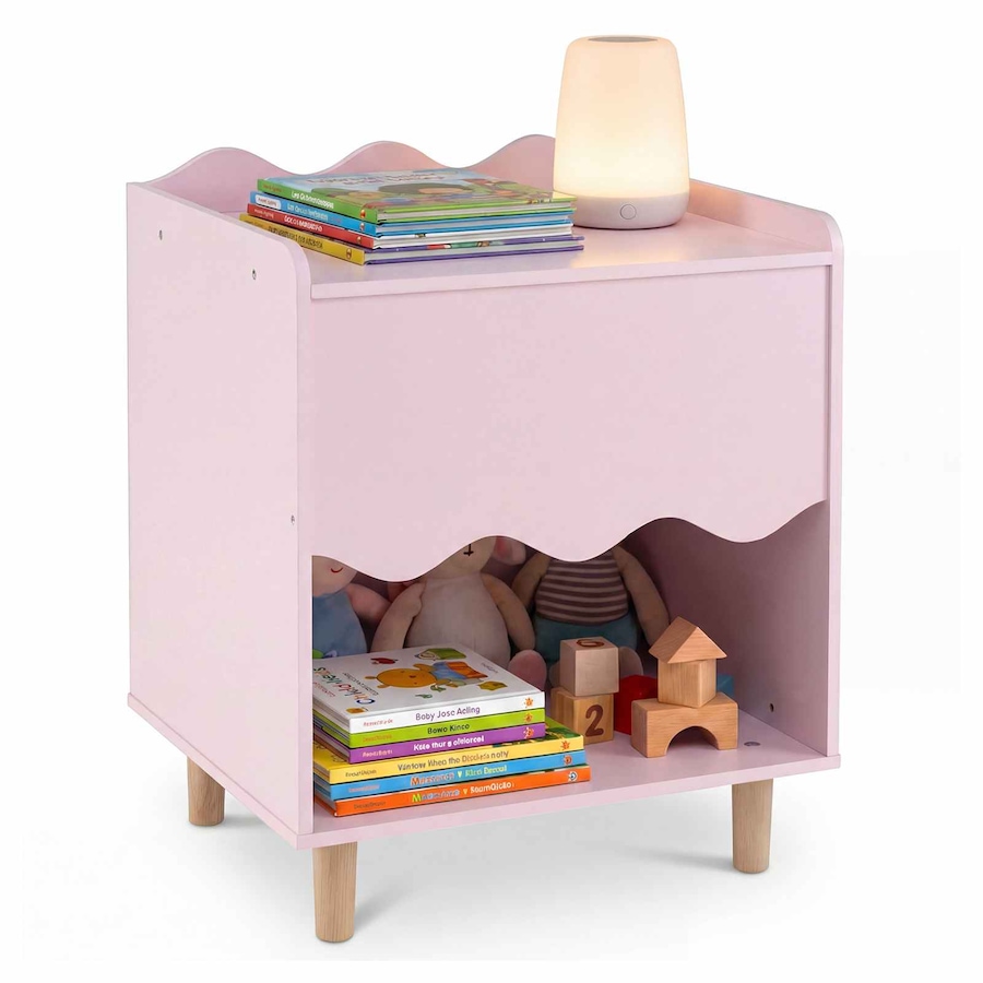 Costway Bedside Table Wide Top Nightstand End Table Storage Cabinet Toy Organizer Solid Wood Legs Bedroom Playroom Pink
