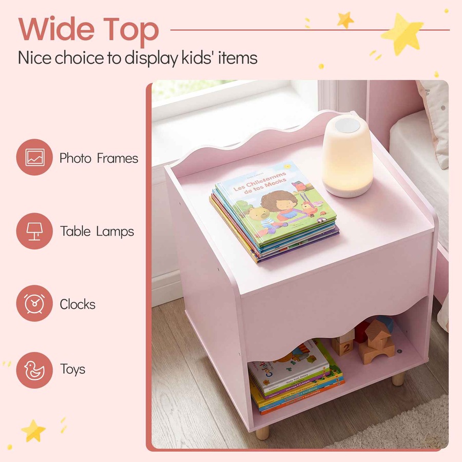 Costway Bedside Table Wide Top Nightstand End Table Storage Cabinet Toy Organizer Solid Wood Legs Bedroom Playroom Pink