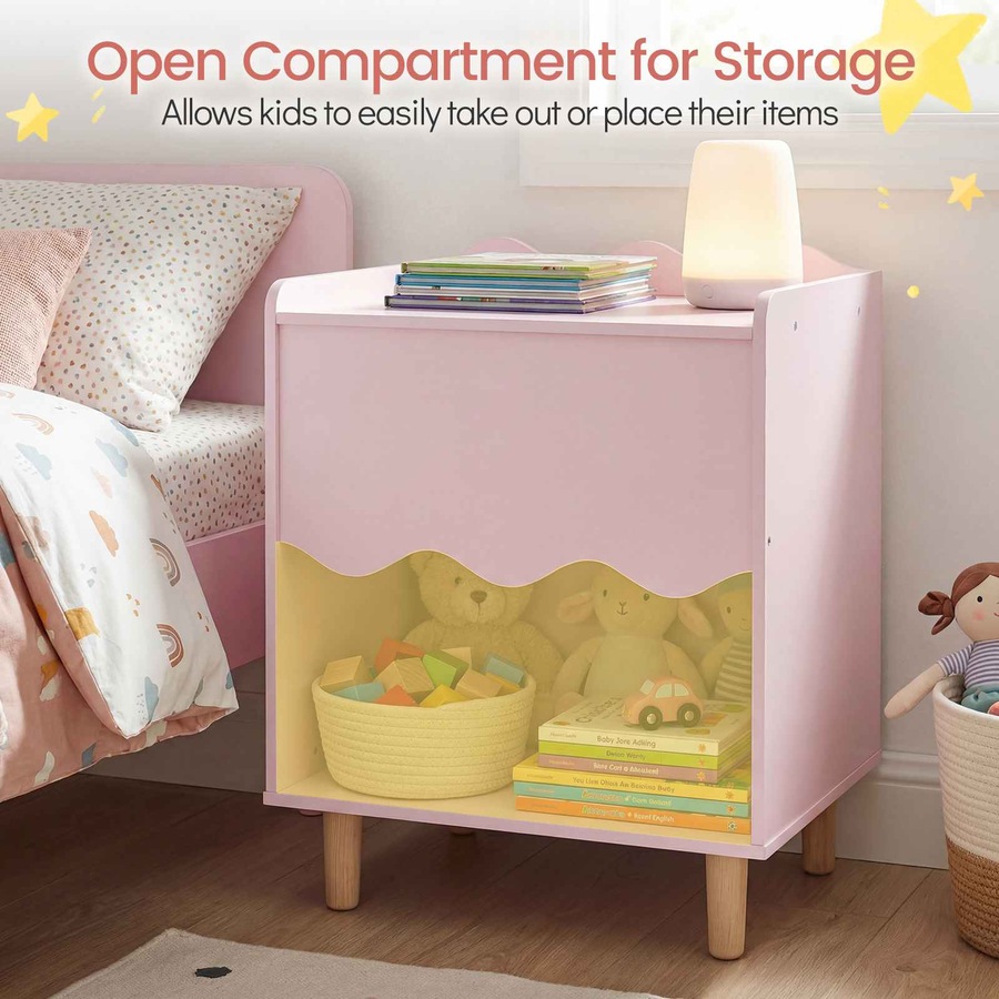 Costway Bedside Table Wide Top Nightstand End Table Storage Cabinet Toy Organizer Solid Wood Legs Bedroom Playroom Pink