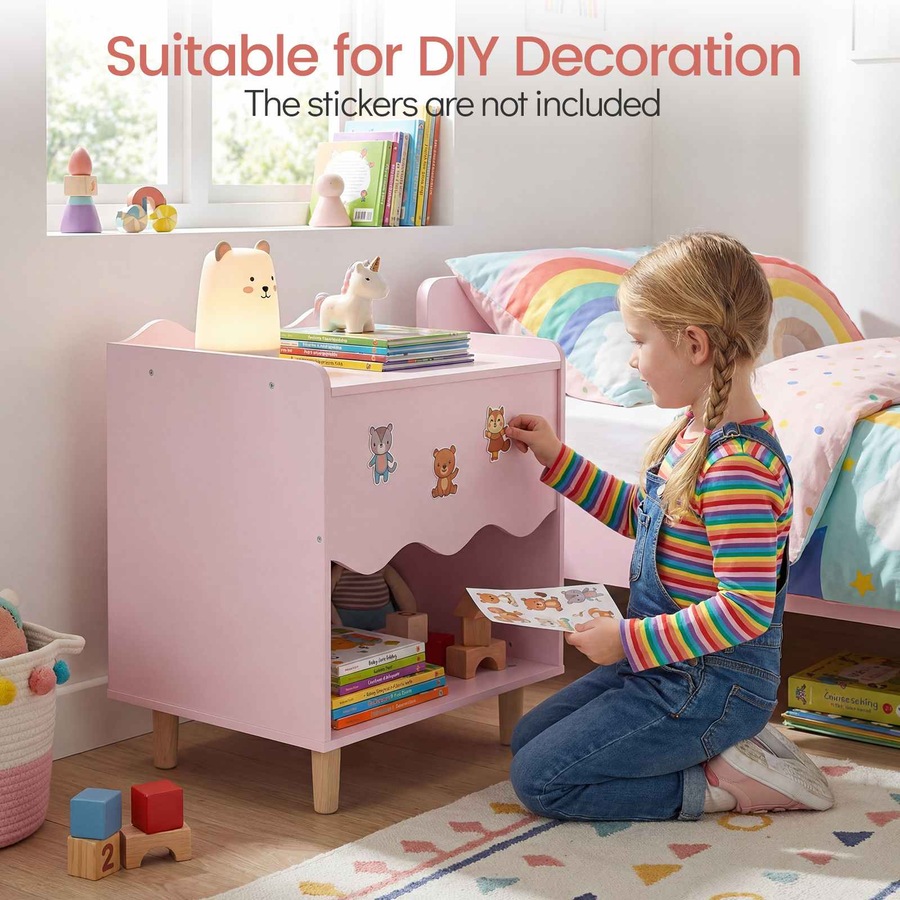 Costway Bedside Table Wide Top Nightstand End Table Storage Cabinet Toy Organizer Solid Wood Legs Bedroom Playroom Pink