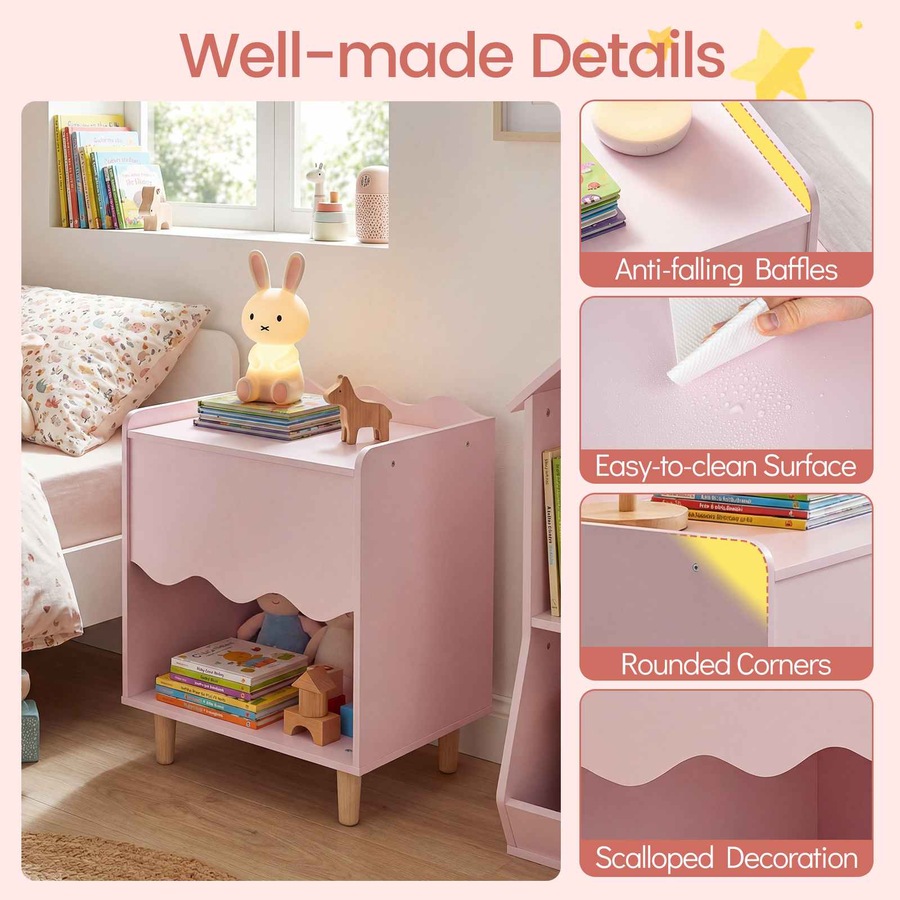 Costway Bedside Table Wide Top Nightstand End Table Storage Cabinet Toy Organizer Solid Wood Legs Bedroom Playroom Pink
