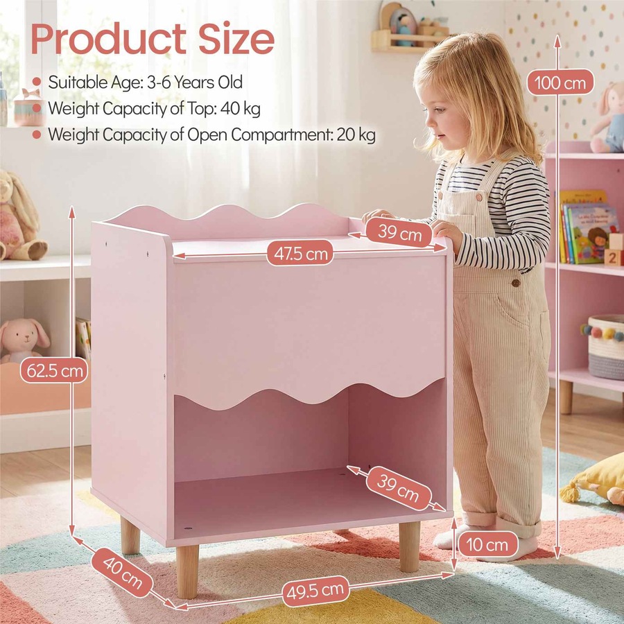 Costway Bedside Table Wide Top Nightstand End Table Storage Cabinet Toy Organizer Solid Wood Legs Bedroom Playroom Pink