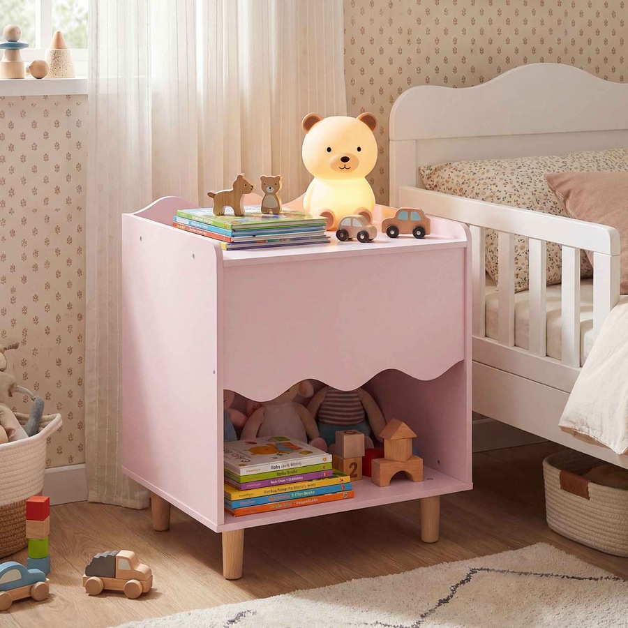Costway Bedside Table Wide Top Nightstand End Table Storage Cabinet Toy Organizer Solid Wood Legs Bedroom Playroom Pink