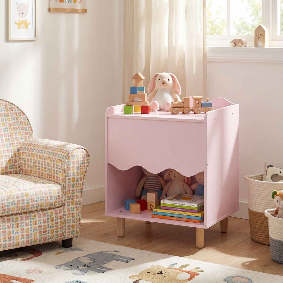 Costway Bedside Table Wide Top Nightstand End Table Storage Cabinet Toy Organizer Solid Wood Legs Bedroom Playroom Pink