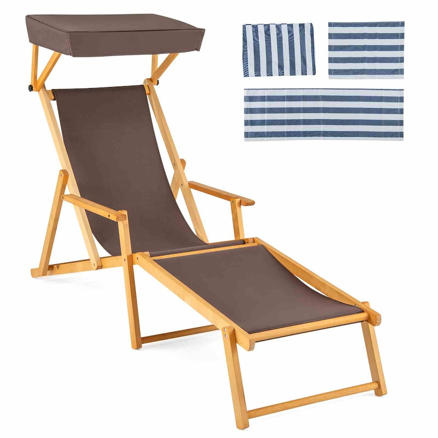 Costway Birch Wood Chaise Lounge Chair w/Adjustable Canopy Reclining Backrest Brown