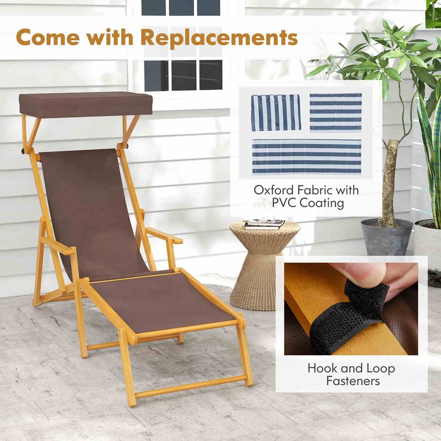 Costway Birch Wood Chaise Lounge Chair w/Adjustable Canopy Reclining Backrest Brown