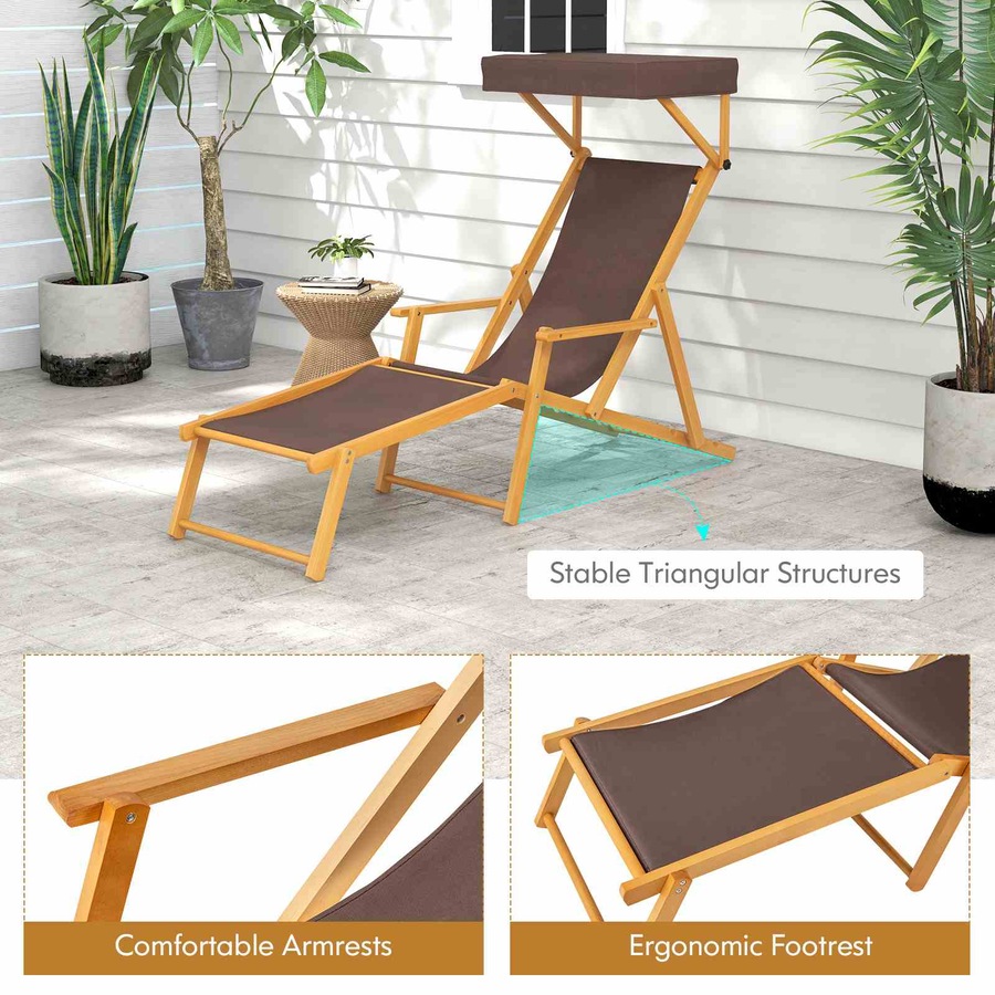 Costway Birch Wood Chaise Lounge Chair w/Adjustable Canopy Reclining Backrest Brown