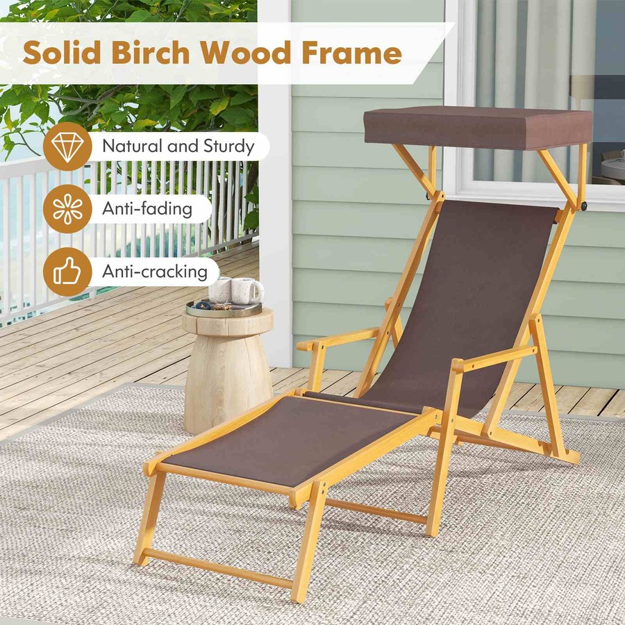 Costway Birch Wood Chaise Lounge Chair w/Adjustable Canopy Reclining Backrest Brown