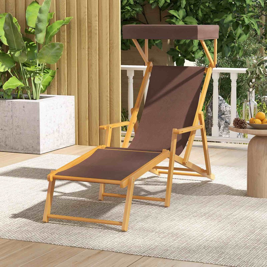 Costway Birch Wood Chaise Lounge Chair w/Adjustable Canopy Reclining Backrest Brown