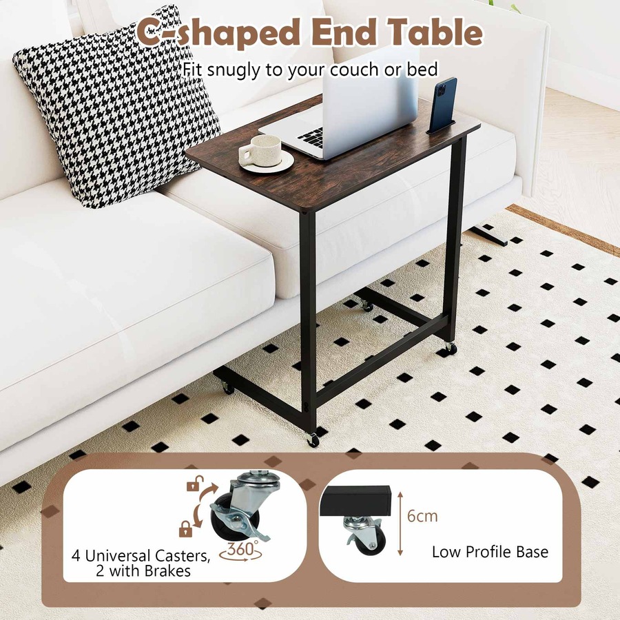 Costway C End Table Bedside Side Table w/Phone Slot Wheels Study Desk Rolling TV Tray Slide under Couch Space Savor