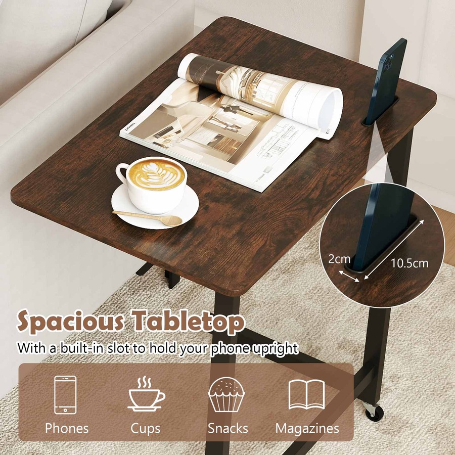 Costway C End Table Bedside Side Table w/Phone Slot Wheels Study Desk Rolling TV Tray Slide under Couch Space Savor