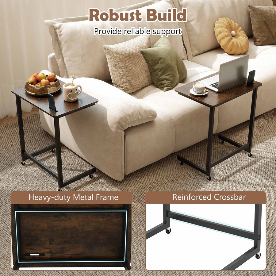 Costway C End Table Bedside Side Table w/Phone Slot Wheels Study Desk Rolling TV Tray Slide under Couch Space Savor