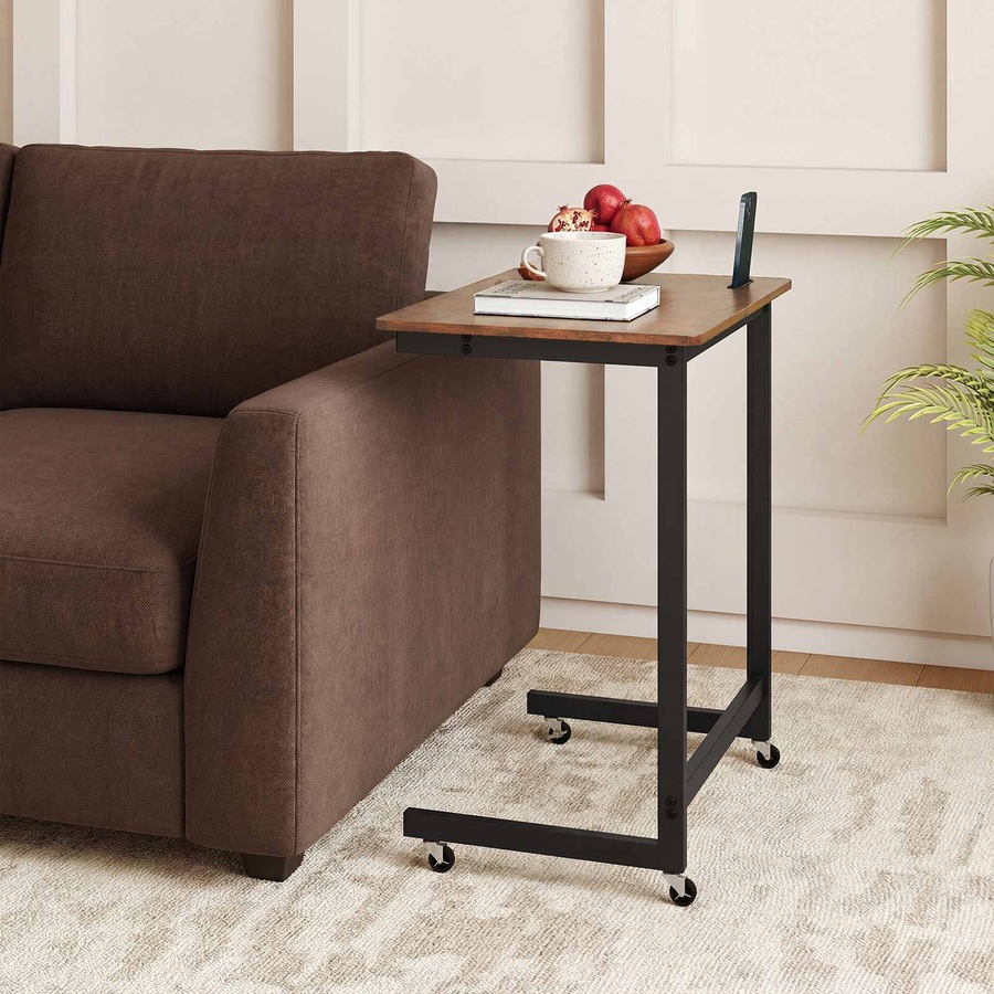 Costway C End Table Bedside Side Table w/Phone Slot Wheels Study Desk Rolling TV Tray Slide under Couch Space Savor