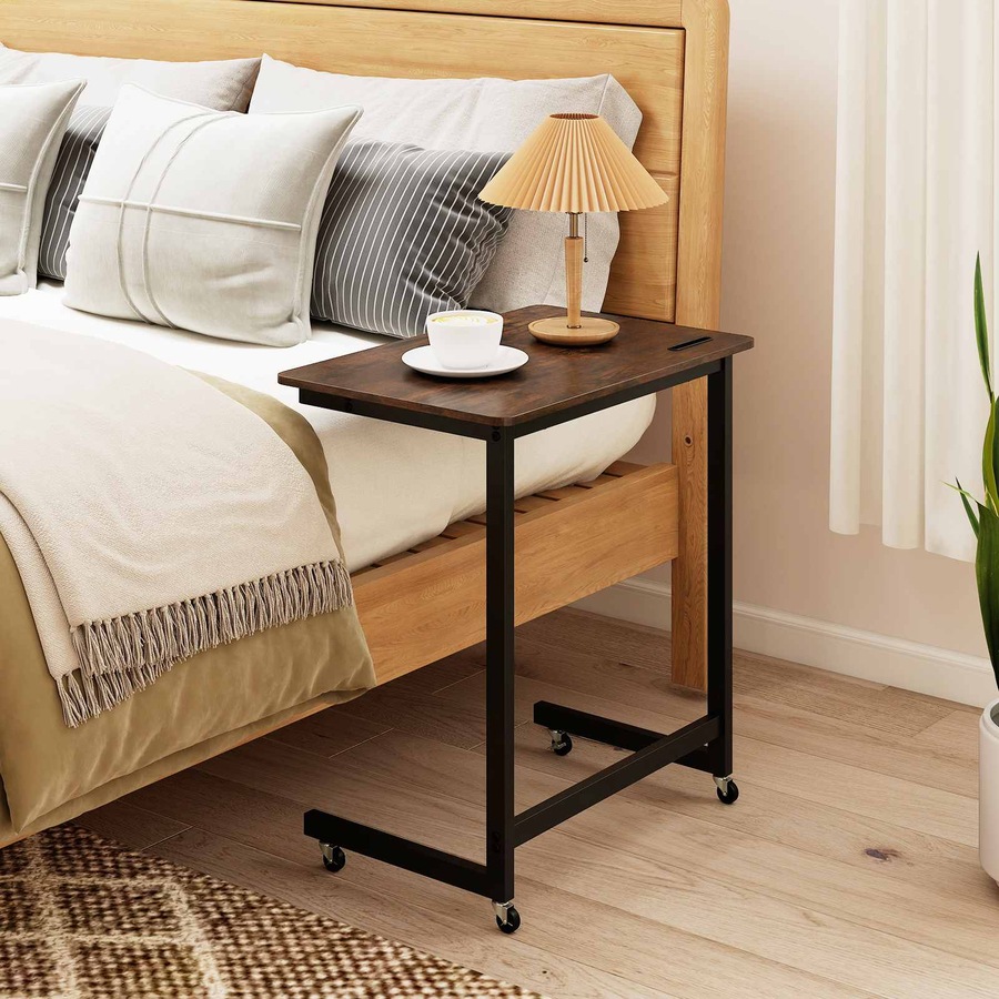Costway C End Table Bedside Side Table w/Phone Slot Wheels Study Desk Rolling TV Tray Slide under Couch Space Savor