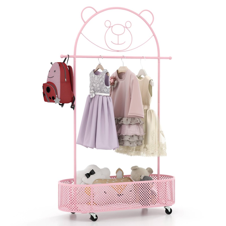 Costway Cartoon Bear Movable Floor Standing Clothes Rack Coat Stand w/Storage Basket/Hanging Rod/Adjustable Height Garment Rack Dryer Pink