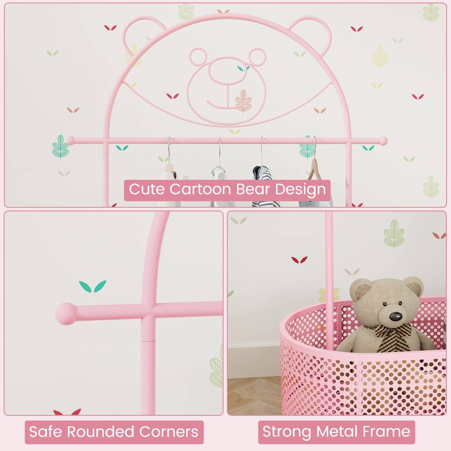 Costway Cartoon Bear Movable Floor Standing Clothes Rack Coat Stand w/Storage Basket/Hanging Rod/Adjustable Height Garment Rack Dryer Pink