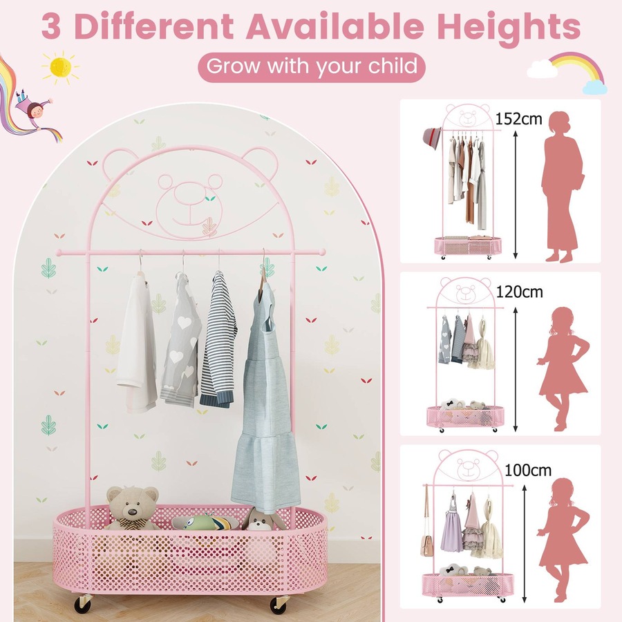 Costway Cartoon Bear Movable Floor Standing Clothes Rack Coat Stand w/Storage Basket/Hanging Rod/Adjustable Height Garment Rack Dryer Pink