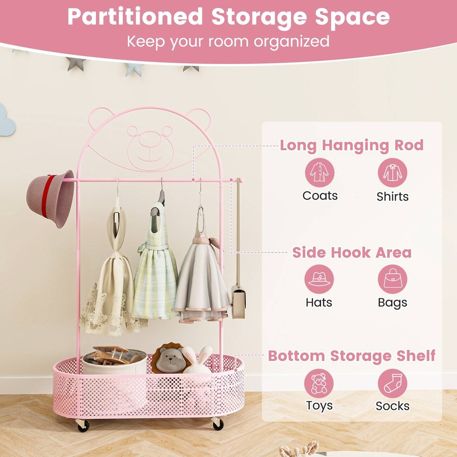 Costway Cartoon Bear Movable Floor Standing Clothes Rack Coat Stand w/Storage Basket/Hanging Rod/Adjustable Height Garment Rack Dryer Pink