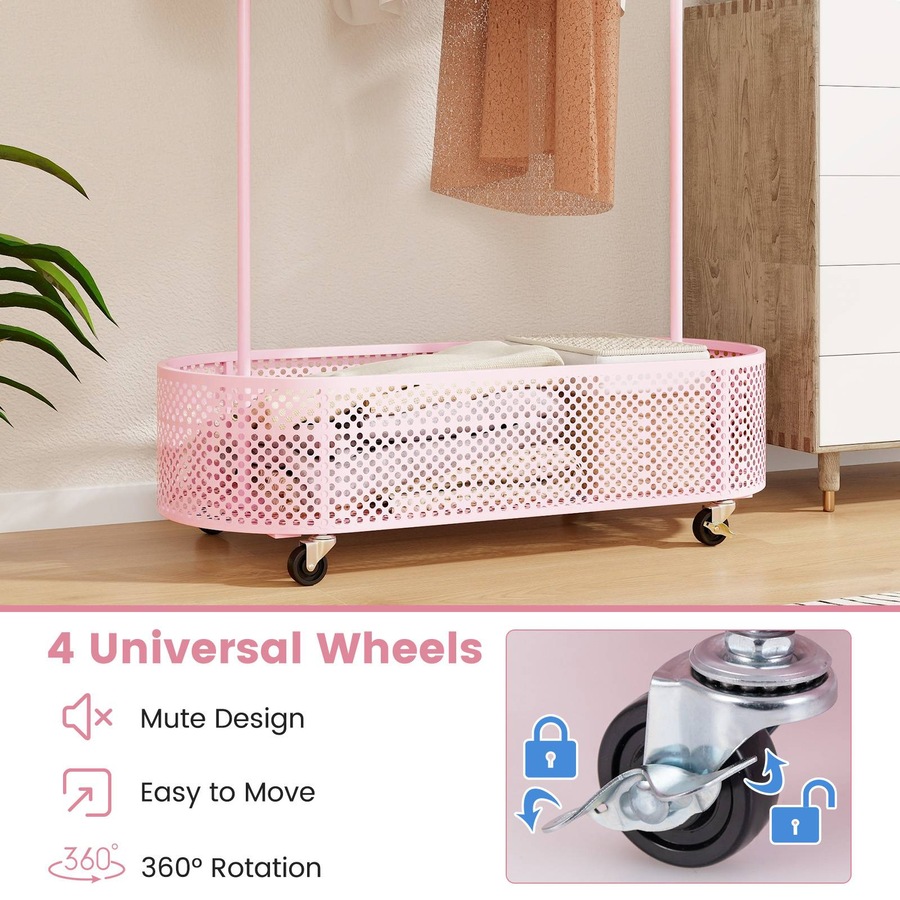 Costway Cartoon Bear Movable Floor Standing Clothes Rack Coat Stand w/Storage Basket/Hanging Rod/Adjustable Height Garment Rack Dryer Pink
