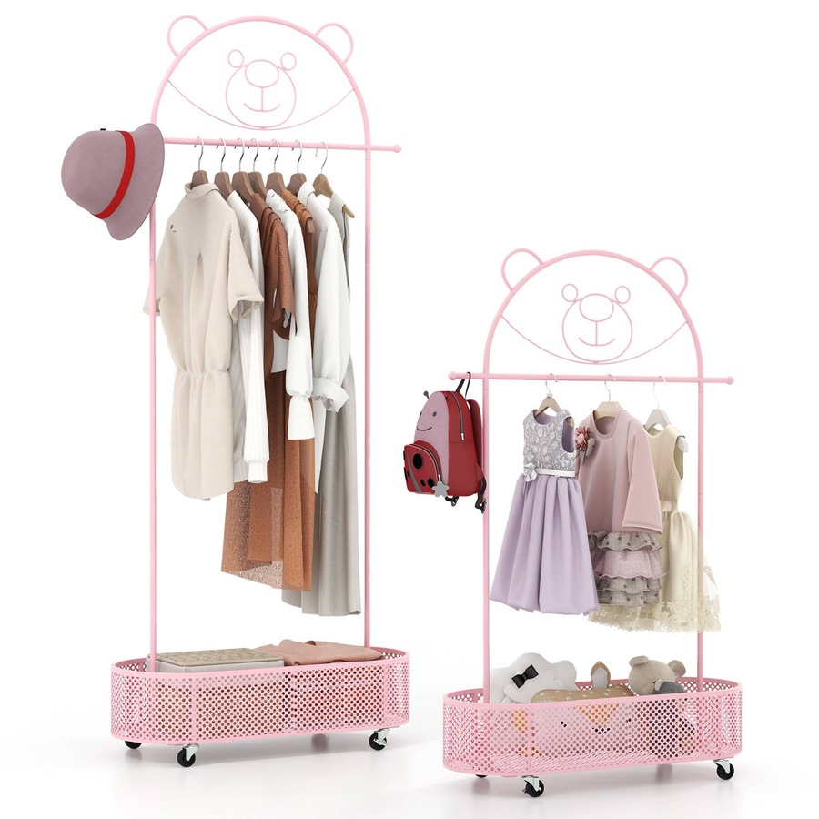 Costway Cartoon Bear Movable Floor Standing Clothes Rack Coat Stand w/Storage Basket/Hanging Rod/Adjustable Height Garment Rack Dryer Pink