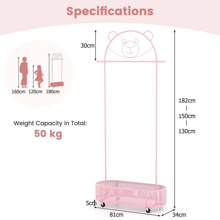 Costway Cartoon Bear Movable Floor Standing Clothes Rack Coat Stand w/Storage Basket/Hanging Rod/Adjustable Height Garment Rack Dryer Pink