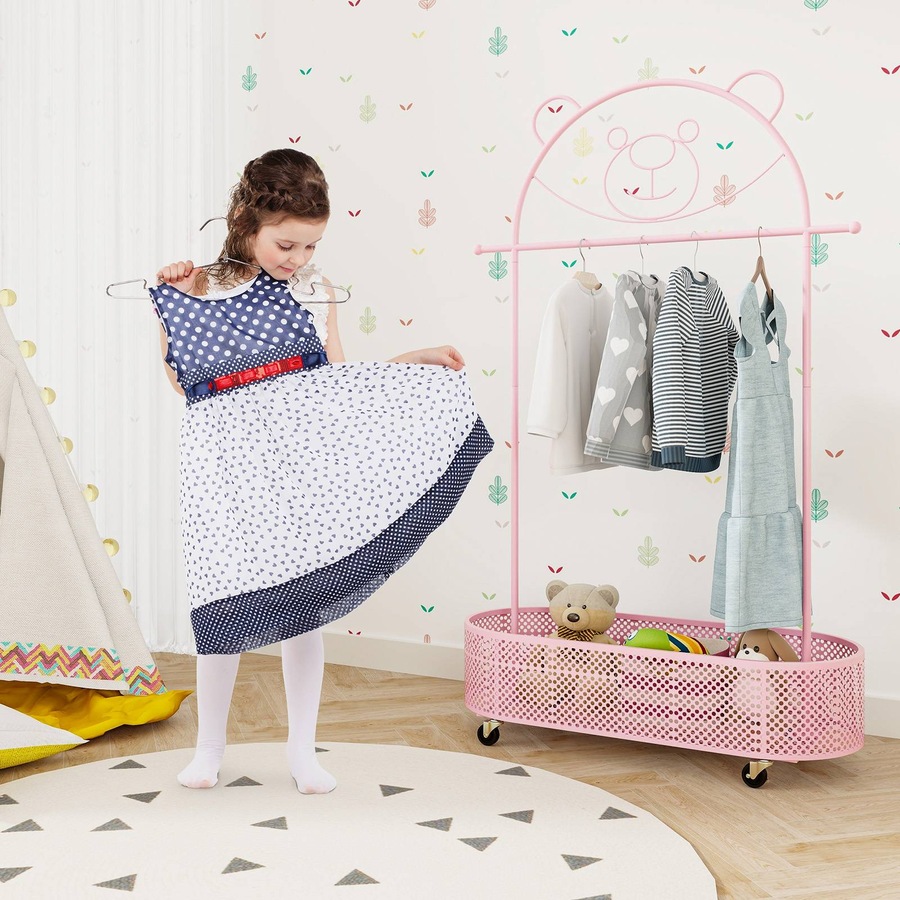 Costway Cartoon Bear Movable Floor Standing Clothes Rack Coat Stand w/Storage Basket/Hanging Rod/Adjustable Height Garment Rack Dryer Pink