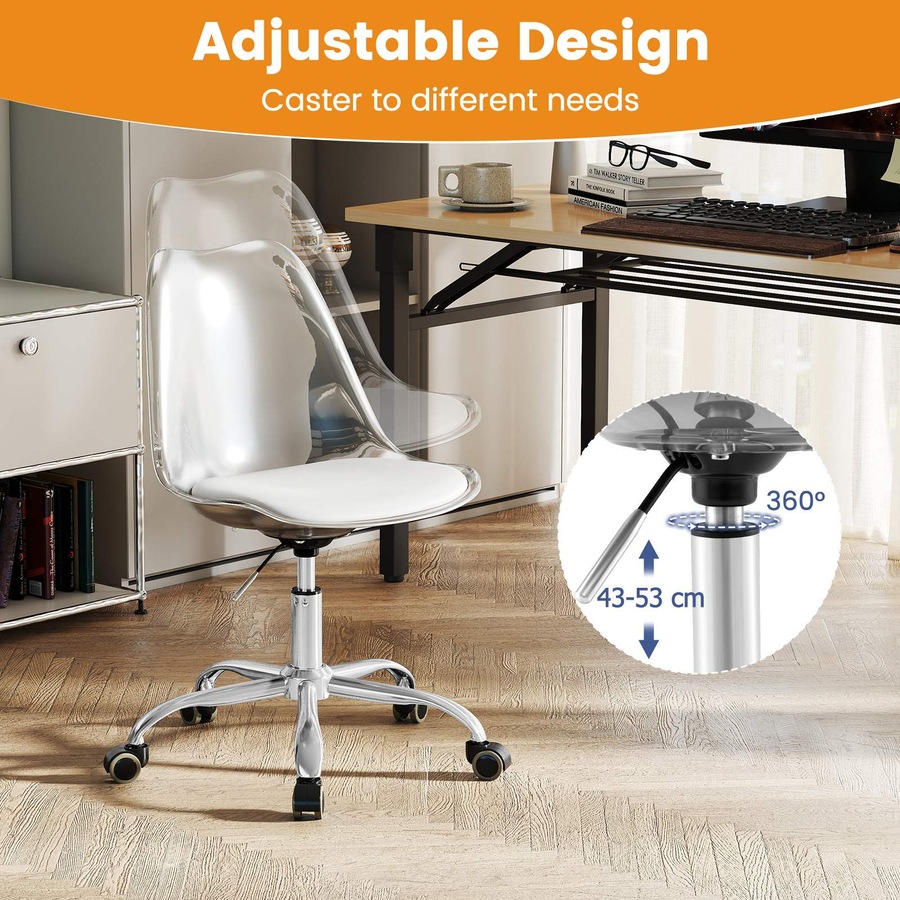 Costway Clear Desk Chair Armless Rolling Office Chair Modern Cute Vanity Chair Adjustable Swivel Seat Stool