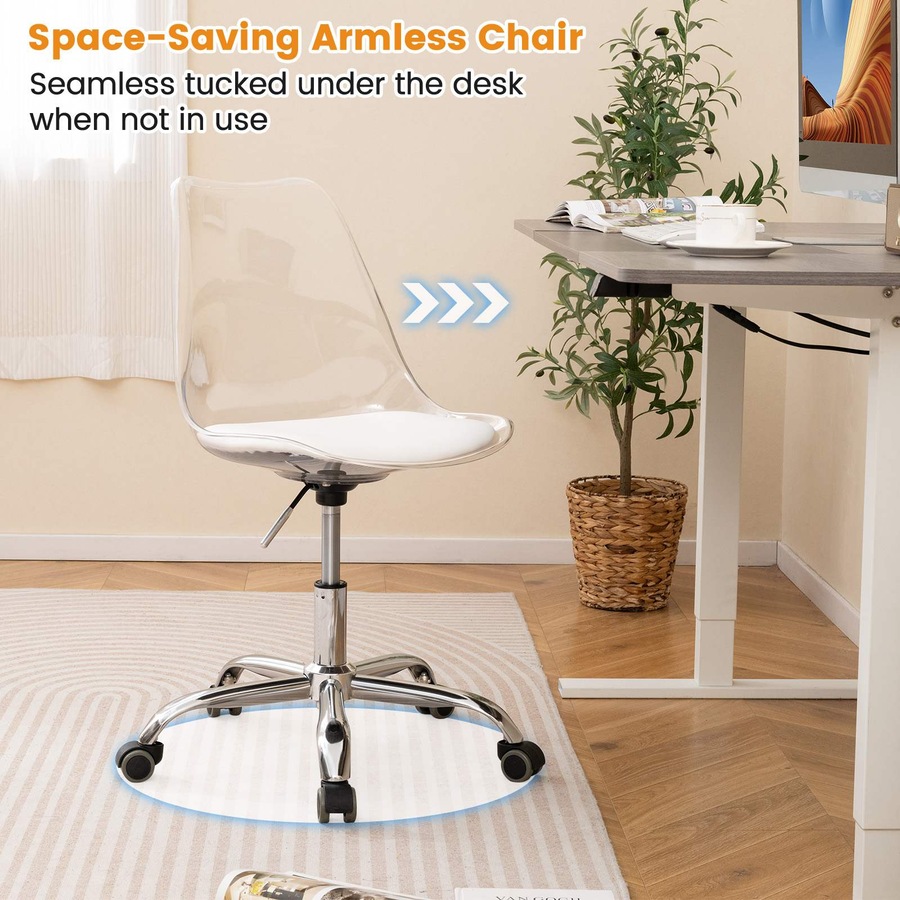 Costway Clear Desk Chair Armless Rolling Office Chair Modern Cute Vanity Chair Adjustable Swivel Seat Stool