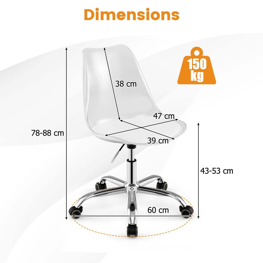 Costway Clear Desk Chair Armless Rolling Office Chair Modern Cute Vanity Chair Adjustable Swivel Seat Stool