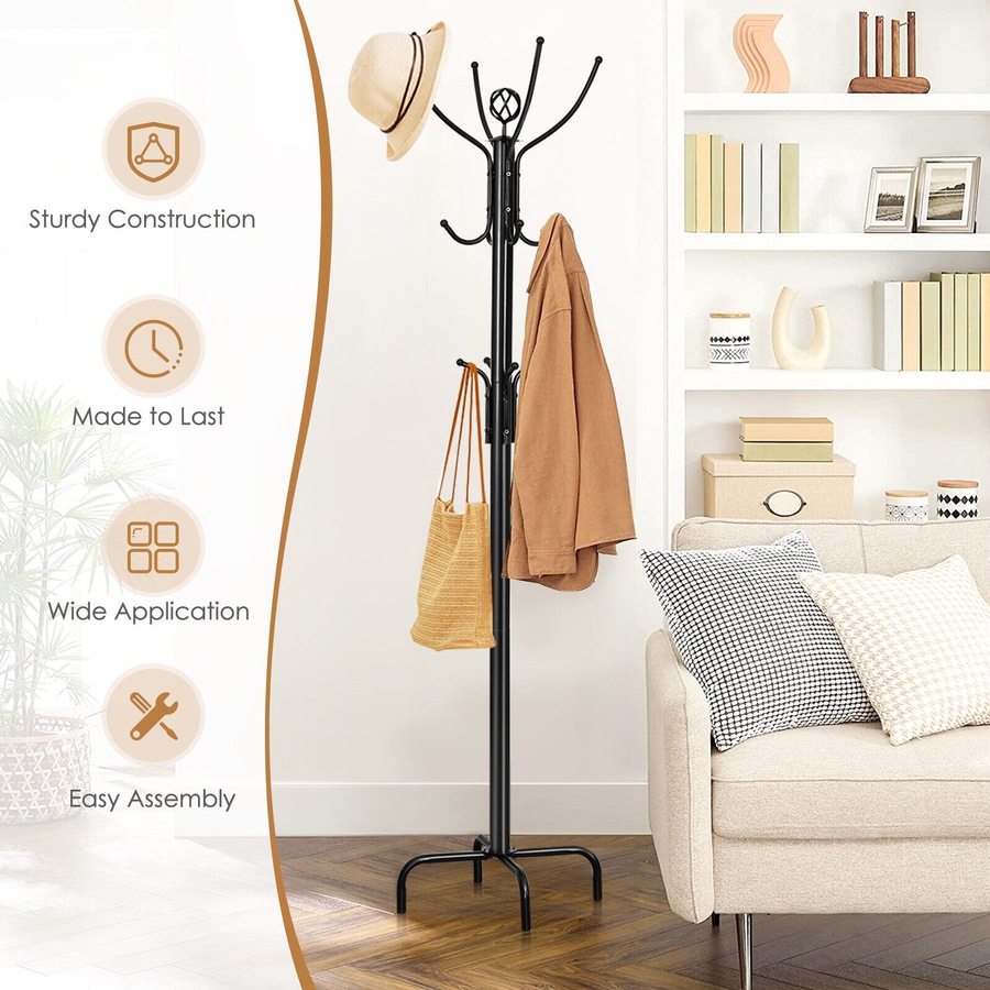 Costway Coat Rack 12 practical hooks Hat Clothes Stand Hanger Hallway Entryway