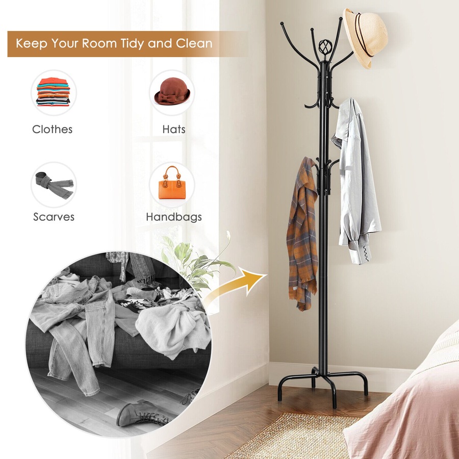 Costway Coat Rack 12 practical hooks Hat Clothes Stand Hanger Hallway Entryway