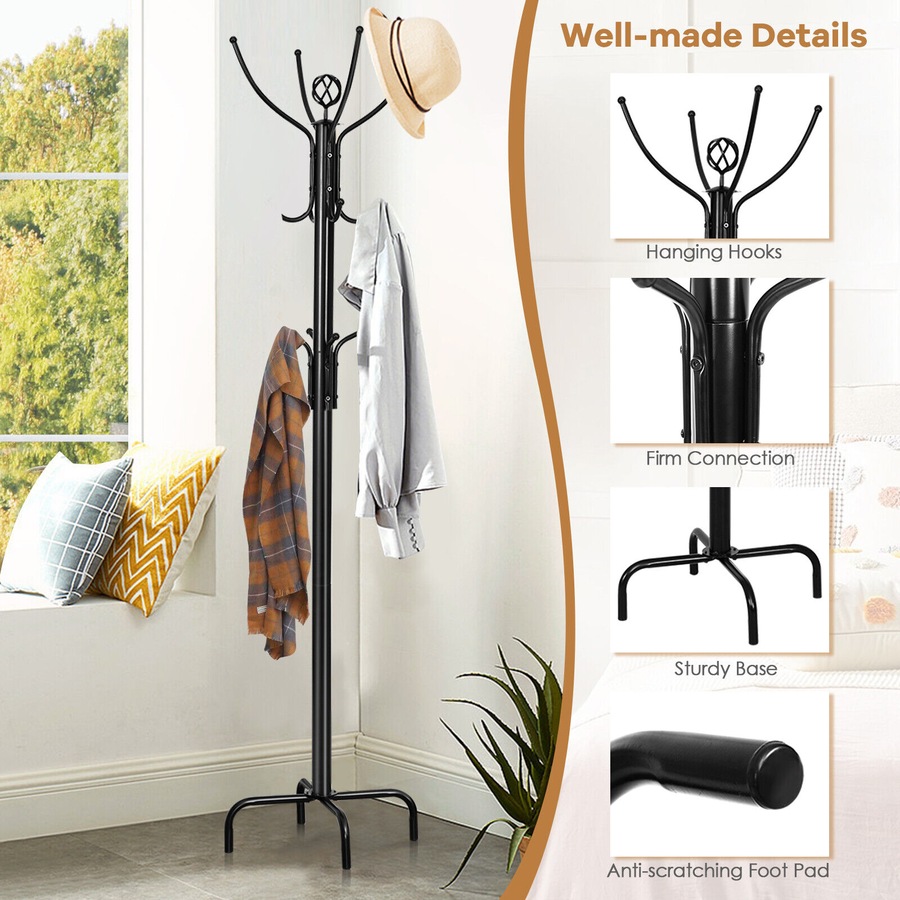 Costway Coat Rack 12 practical hooks Hat Clothes Stand Hanger Hallway Entryway