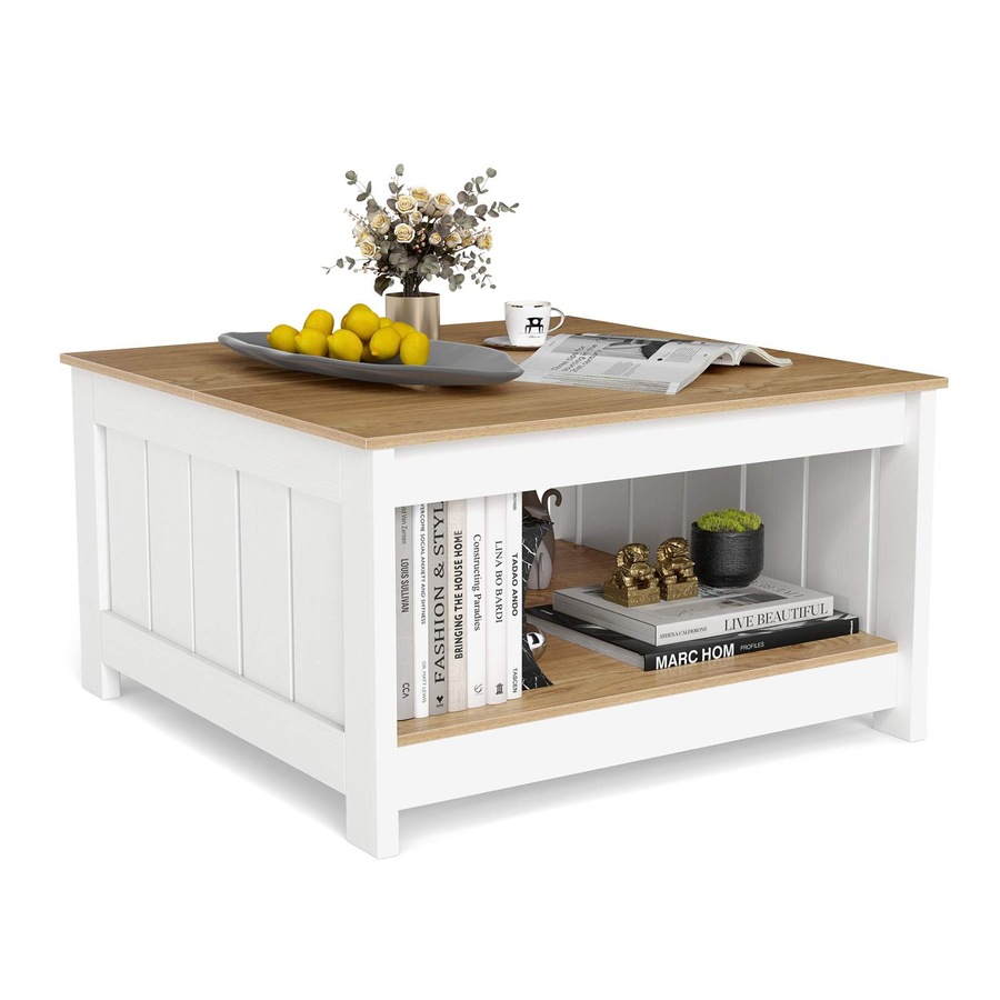 Costway Coffee Table Square Cocktail Table w/Storage Shelf Farmhouse Rustic Center Table