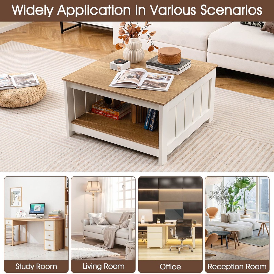 Costway Coffee Table Square Cocktail Table w/Storage Shelf Farmhouse Rustic Center Table