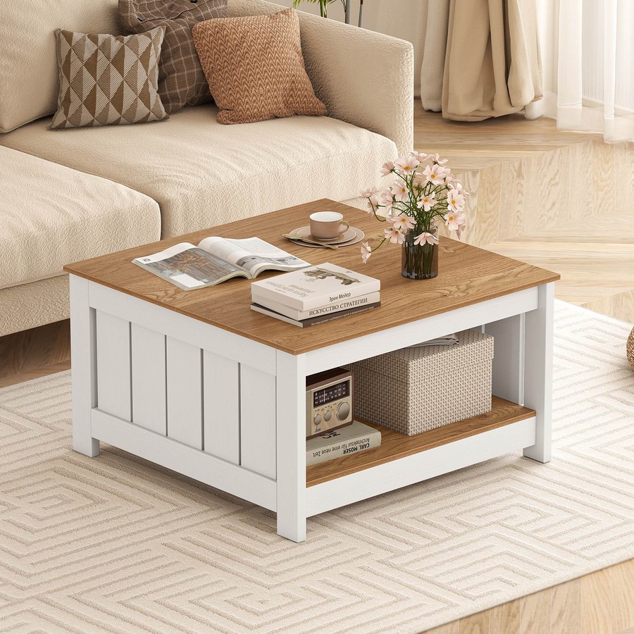 Costway Coffee Table Square Cocktail Table w/Storage Shelf Farmhouse Rustic Center Table
