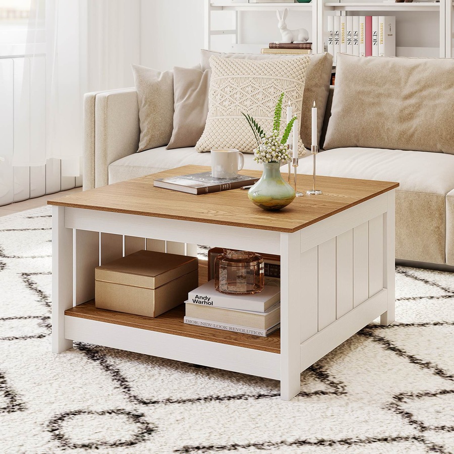 Costway Coffee Table Square Cocktail Table w/Storage Shelf Farmhouse Rustic Center Table