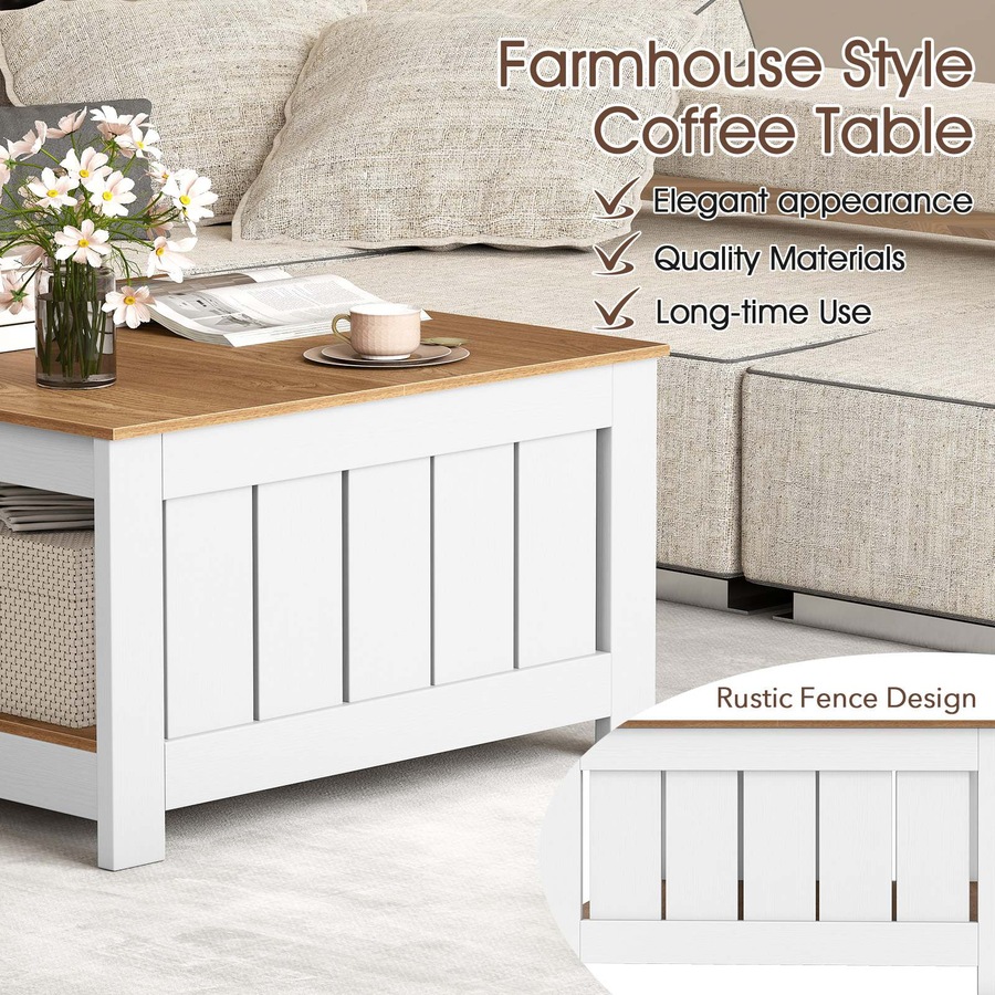 Costway Coffee Table Square Cocktail Table w/Storage Shelf Farmhouse Rustic Center Table