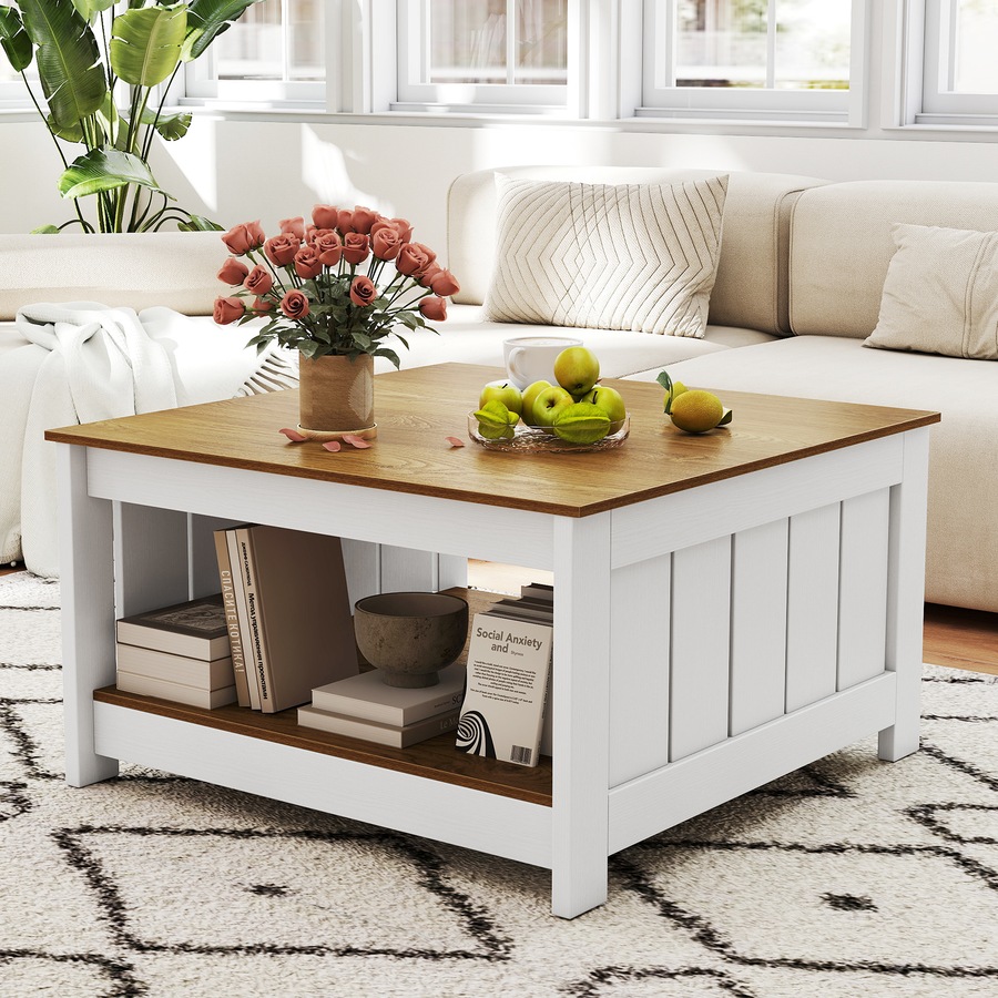 Costway Coffee Table Square Cocktail Table w/Storage Shelf Farmhouse Rustic Center Table