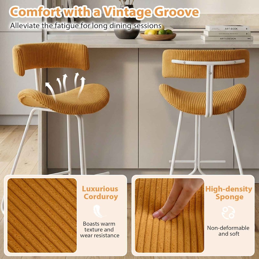 Costway Counter Bar Stools Set 2x Modern Kitchen Island Chair Barstool Footrest Back Padded Seat Mid Century Metal