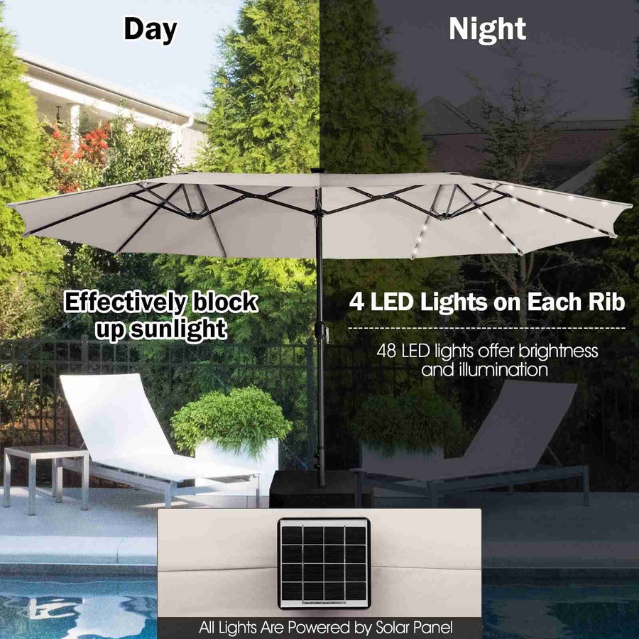 Costway Double-Sided Patio Umbrella Large Outdoor Umbrella w/Solar Panel/Lights Parasol Beige