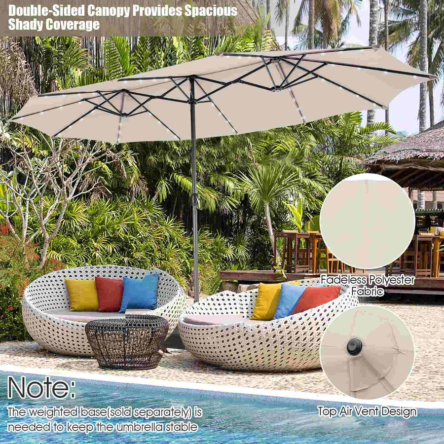 Costway Double-Sided Patio Umbrella Large Outdoor Umbrella w/Solar Panel/Lights Parasol Beige