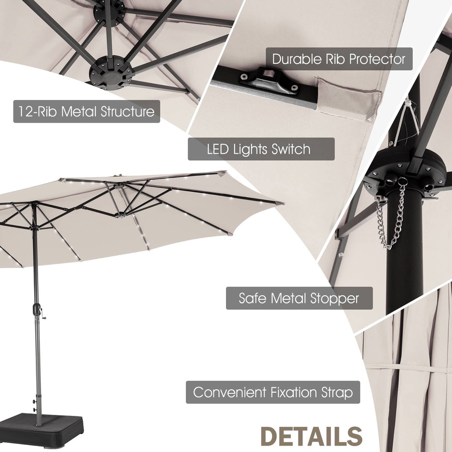 Costway Double-Sided Patio Umbrella Large Outdoor Umbrella w/Solar Panel/Lights Parasol Beige