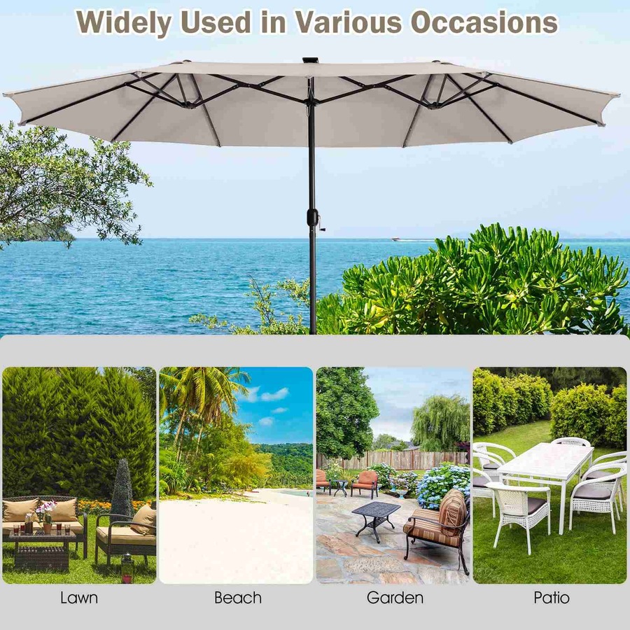 Costway Double-Sided Patio Umbrella Large Outdoor Umbrella w/Solar Panel/Lights Parasol Beige