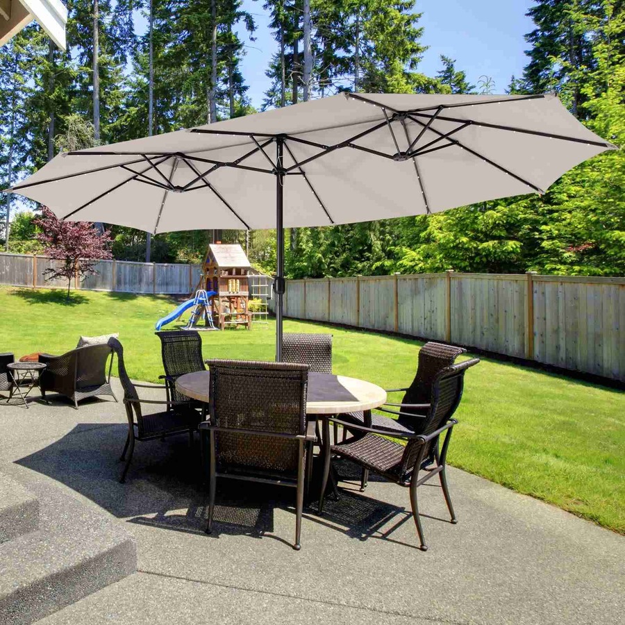 Costway Double-Sided Patio Umbrella Large Outdoor Umbrella w/Solar Panel/Lights Parasol Beige