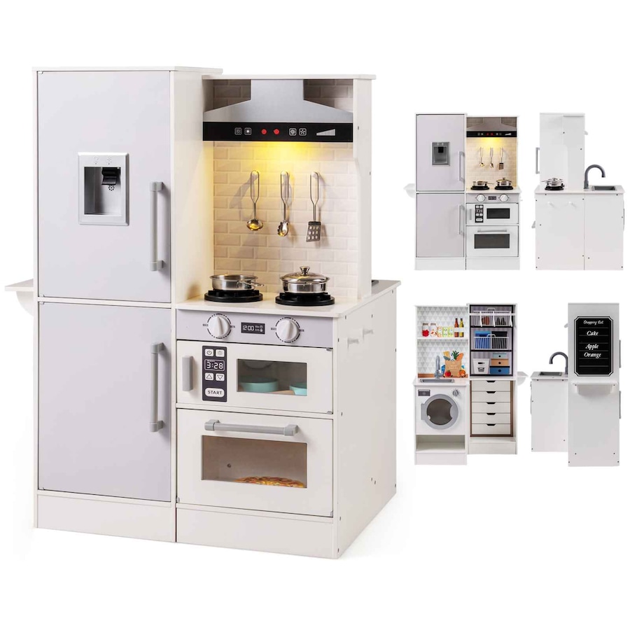 Costway Dual-Sided Wooden Kitchen Playset Pretend Play Kitchen Set w/Real Lights & Sounds Toy Gift White