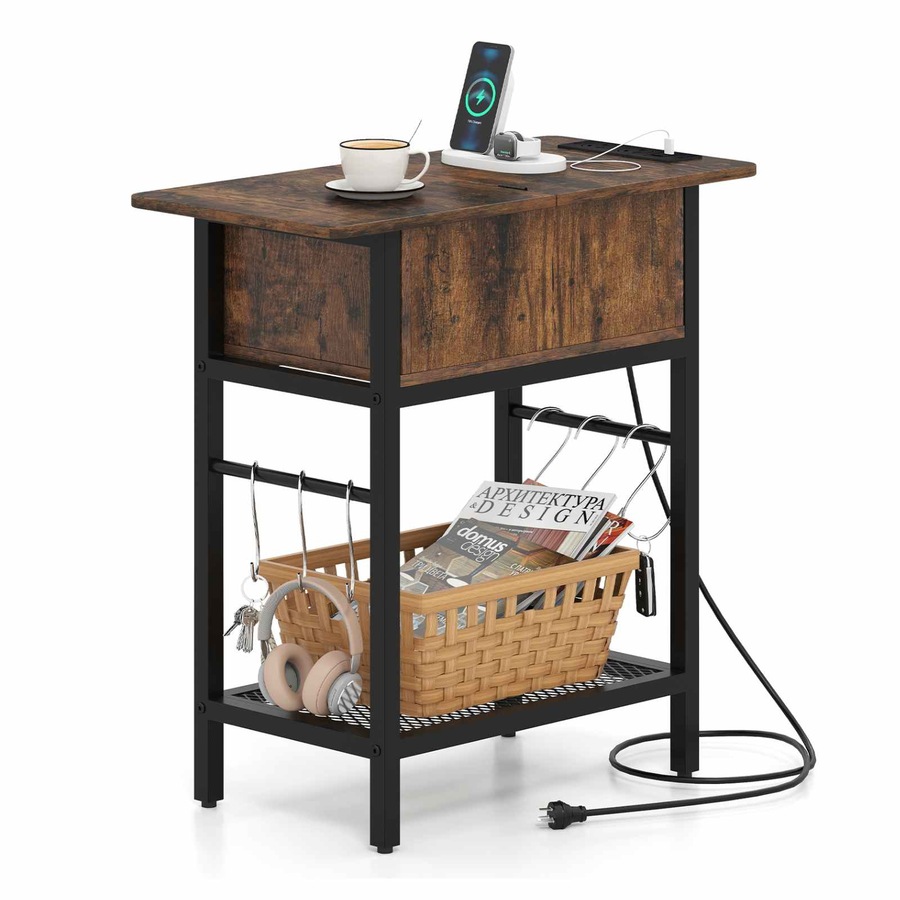 Costway End Table Industrial Bedside Table w/Charging Station S Hooks Sofa Side Table Shelf Nightstand Bedroom Living